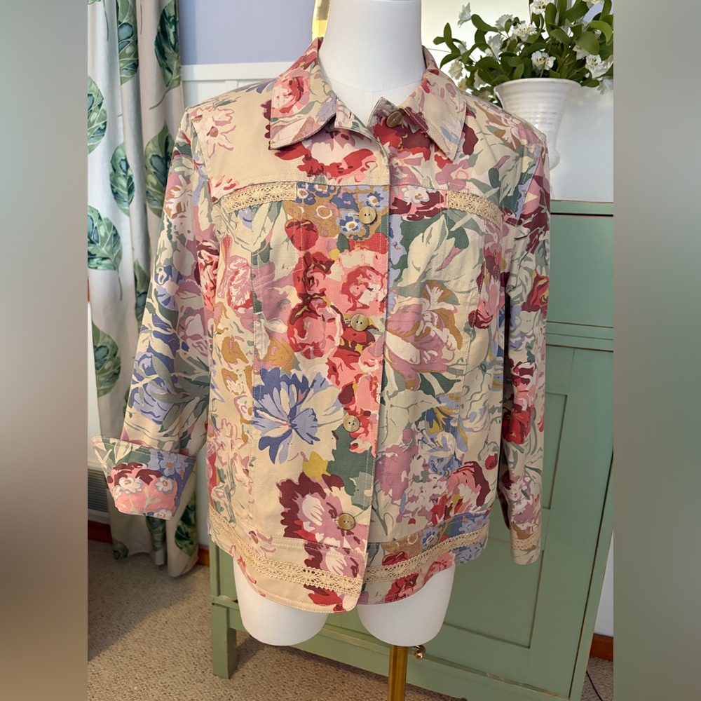 Coldwater Creek Multicolor Floral Cotton Twill Jacket w Crochet Embellishment - Picture 4 of 12